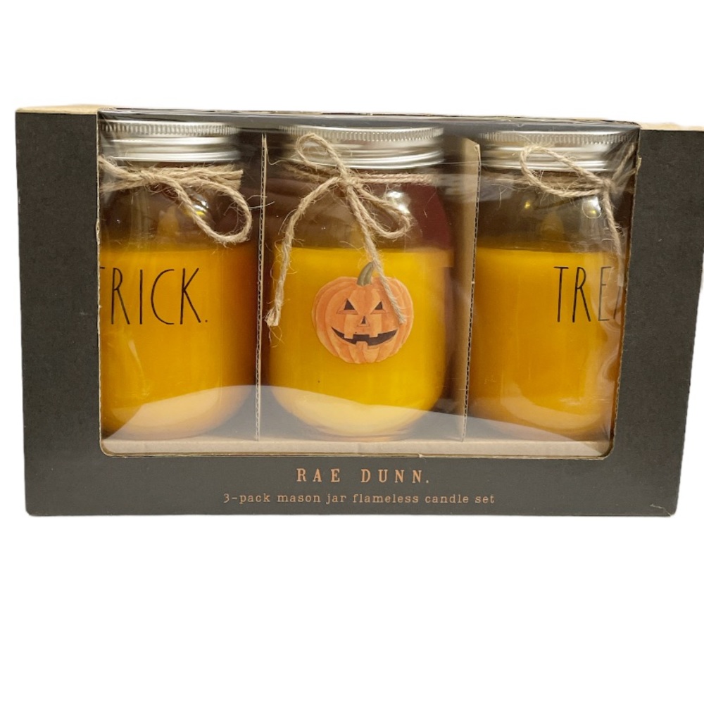 NIB Rae Dunn TRICK 🎃 TREAT Mason Jar Flameless Candle 3 Pack